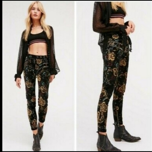 Free People Lennon Funktown Moto Zip Floral Skinnt Pants Sz 12 MSRP $189 - Picture 2 of 7